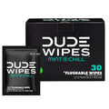 DUDE Wipes Mint Chill travel wipes box and sealed packet, 30 flushable wipes