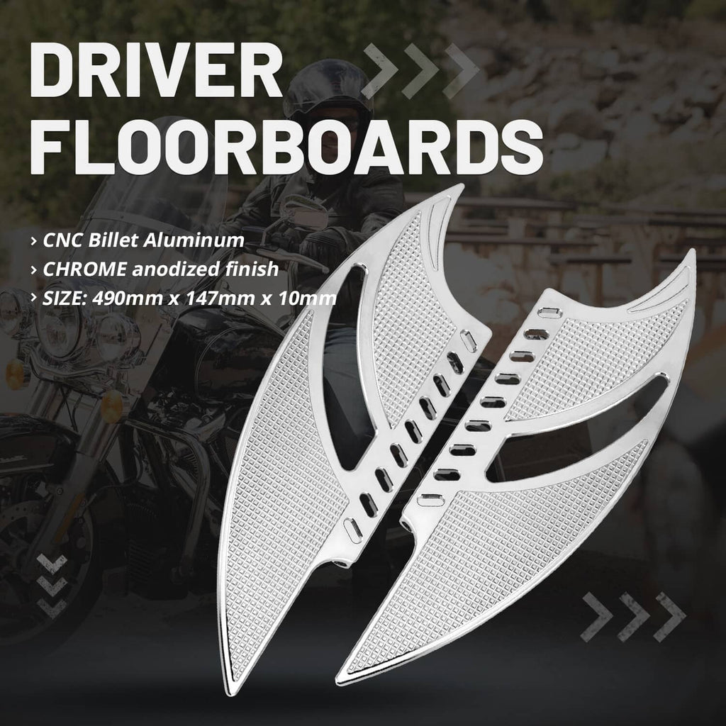 Driver and passenger CNC floorboards, silver diamond texture with mounted foot pegs