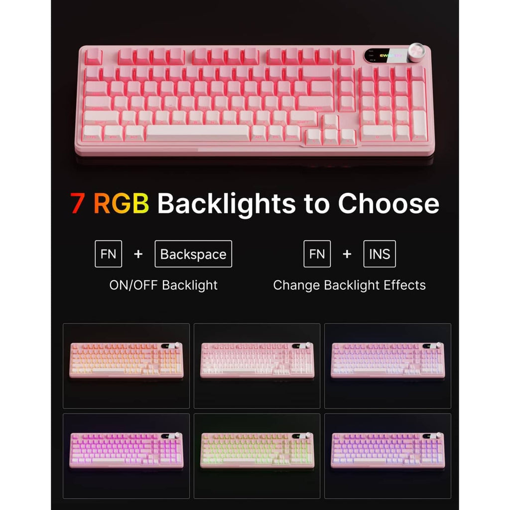 Pink wired gaming keyboard with RGB backlights, numeric key cluster, and screen knob