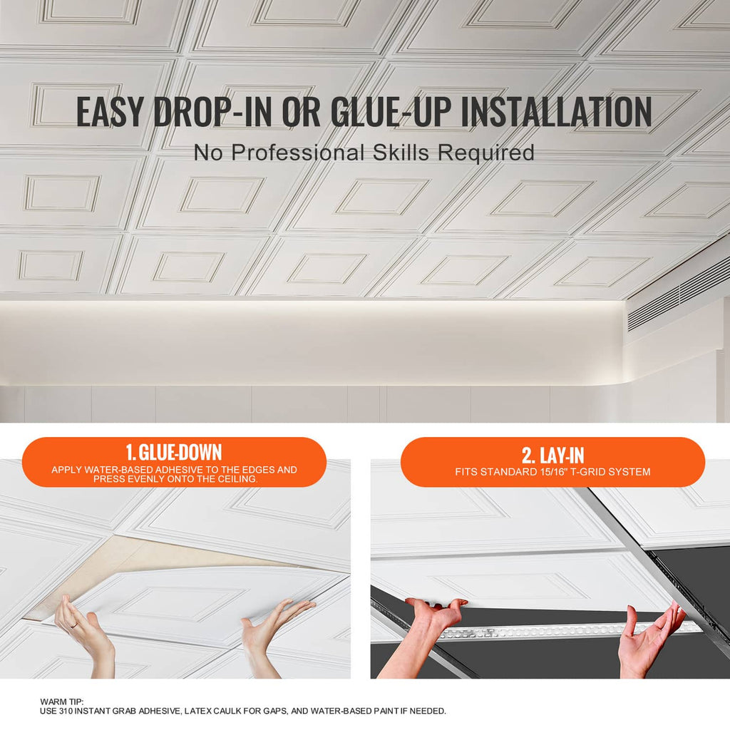 White ceiling tile panel for drop-in or glue-up, square geometric inset design
