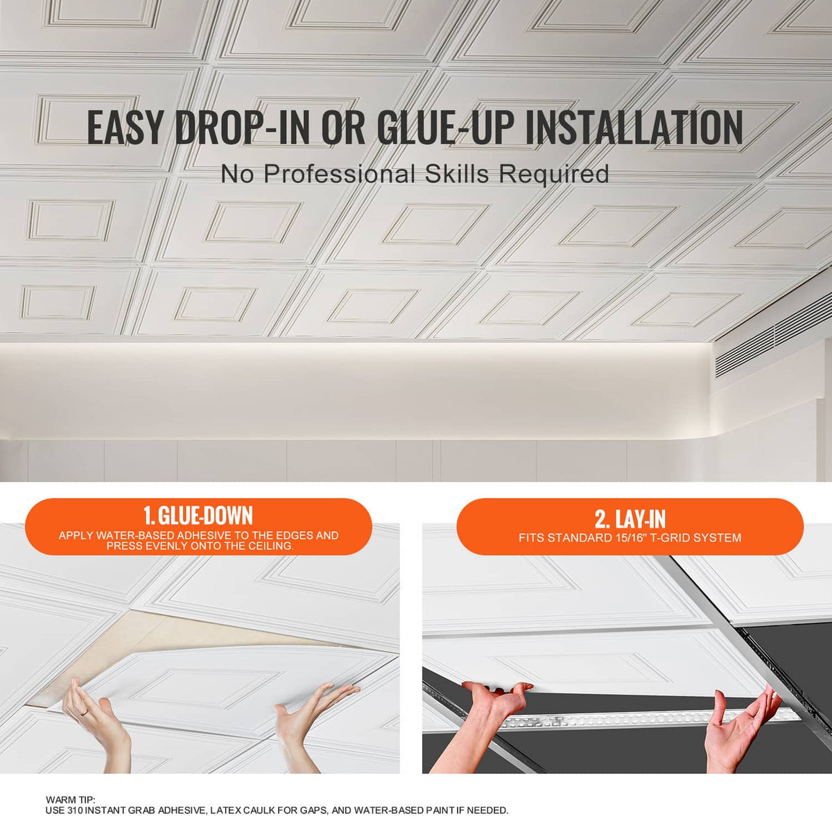 White ceiling tile panel for drop-in or glue-up, square geometric inset design