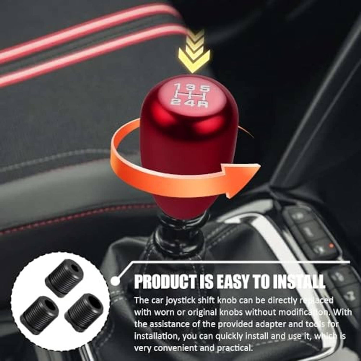 Red gear shift knob with engraved 1-5 and R and included adapter pieces