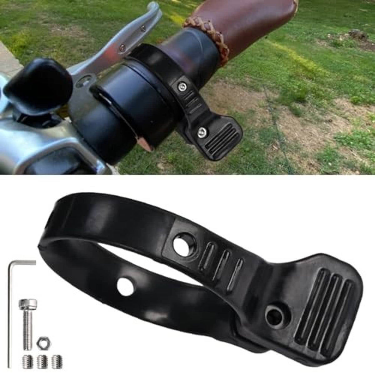 Black thumb throttle adapter attachment with mounting strap and accessory screws