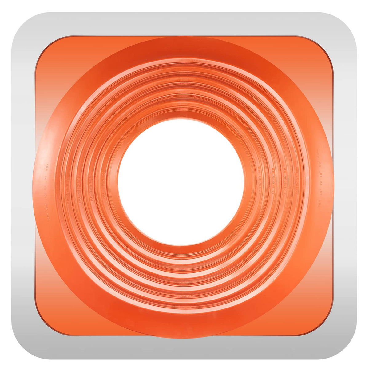 Orange flexible roof pipe flashing boot with circular opening, concentric ridges, rounded square frame