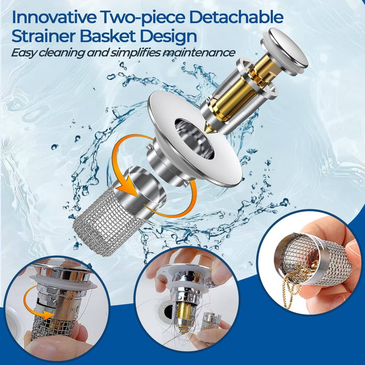 Pop-up sink drain strainer with removable mesh basket and round chrome strainer top