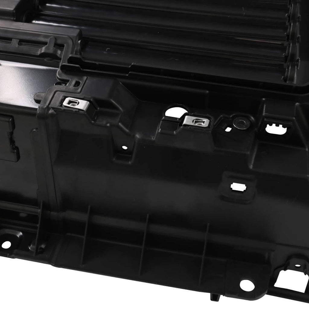 Black grille shutter housing with latch tabs and integrated shutter panel