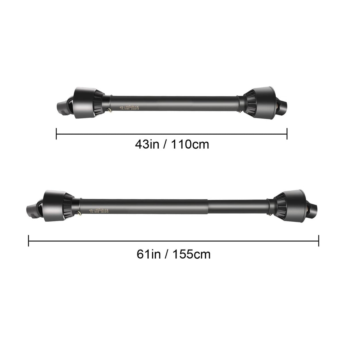 PTO drive shaft length diagram with 43 in and 61 in measurements