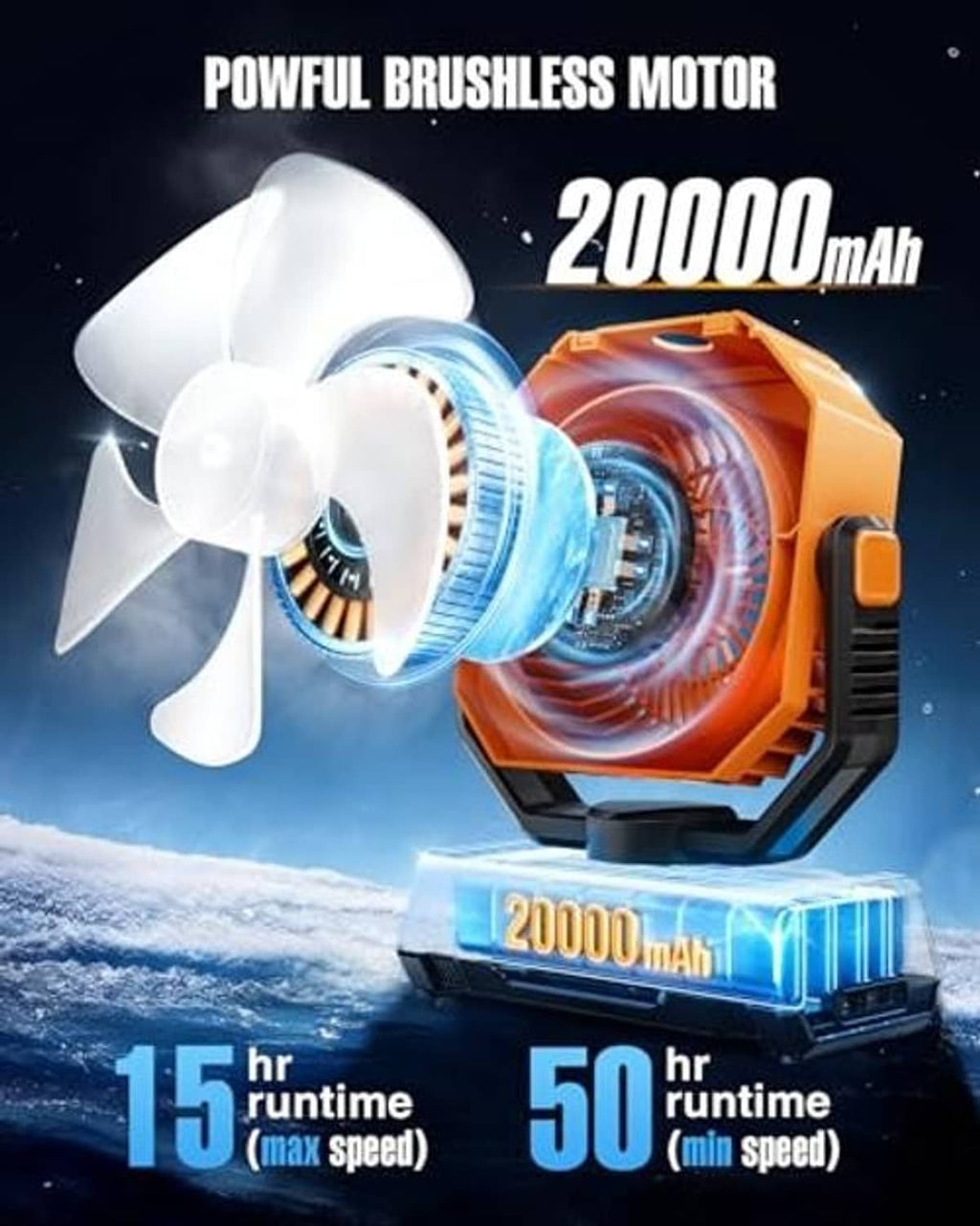 Portable misting fan with 3-blade airflow head, black and orange design