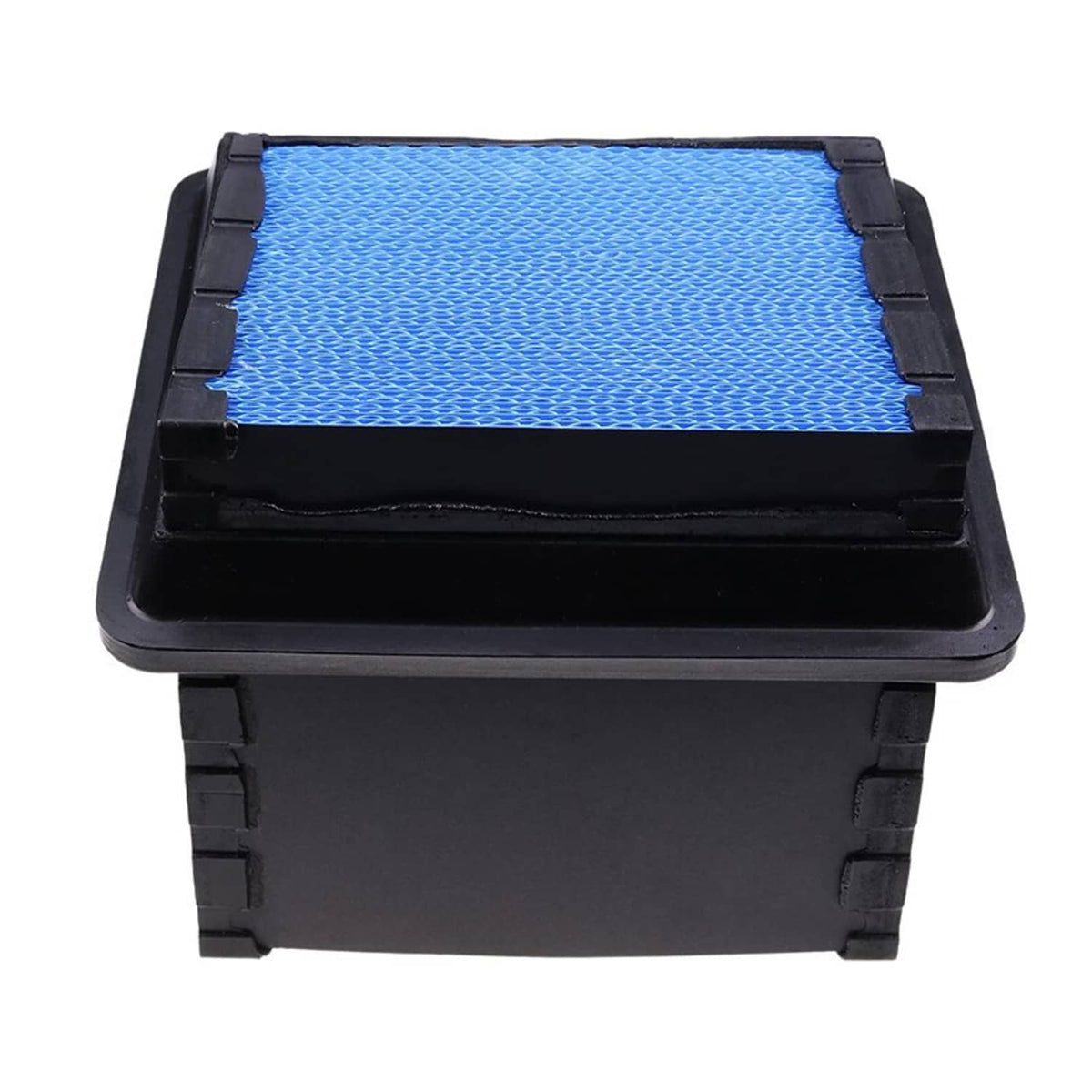 Air filter with blue mesh element in black plastic housing
