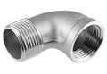 90-degree stainless steel elbow fitting with male and female NPT threads, chrome finish