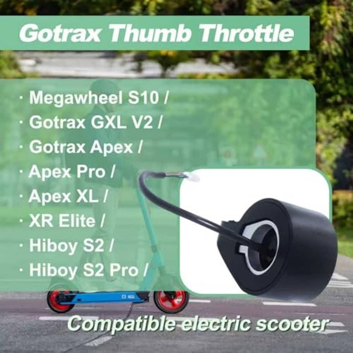 Black electric scooter thumb throttle with circular control dial and cable with plug