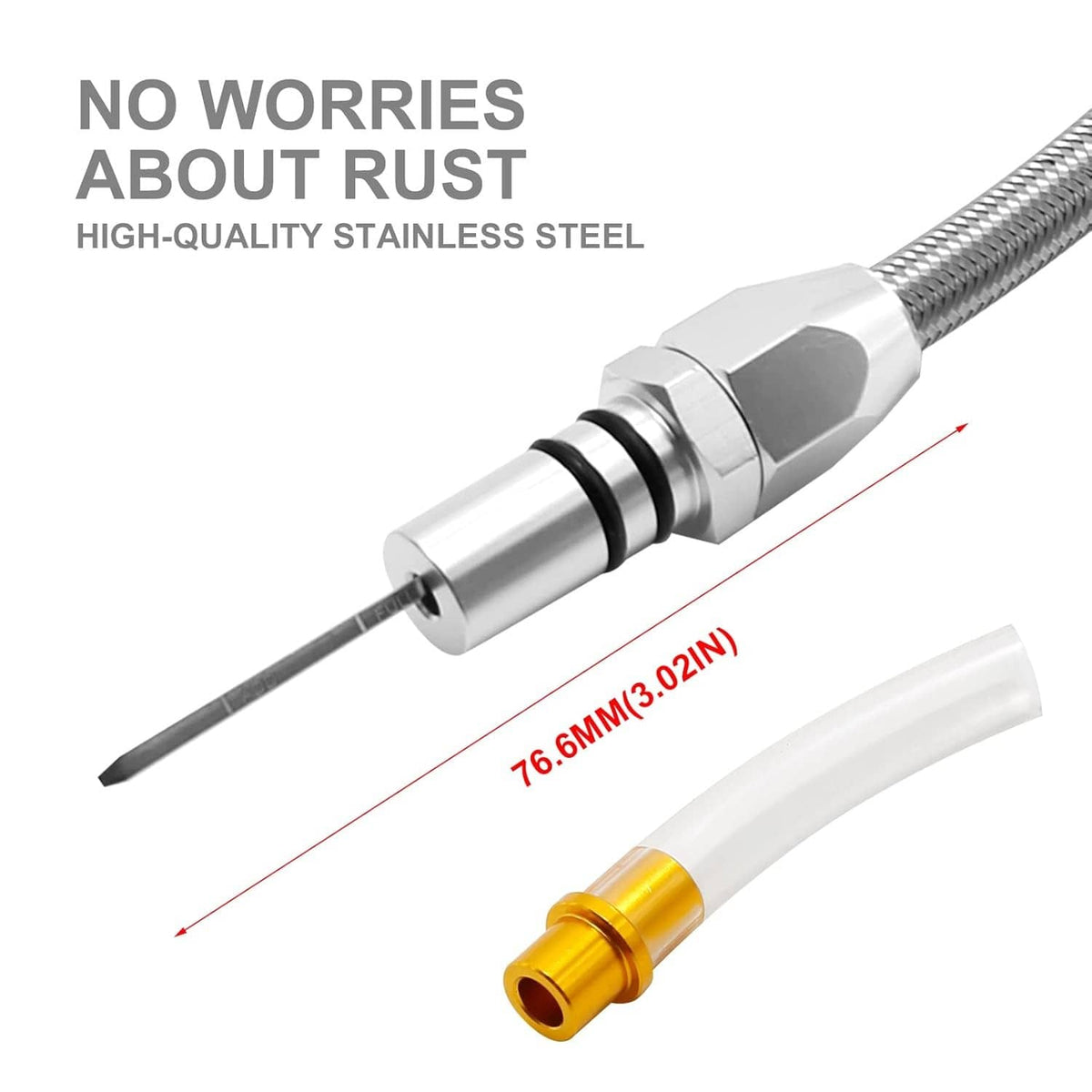 Stainless dipstick probe with braided hose, black seals, and white tube with yellow cap