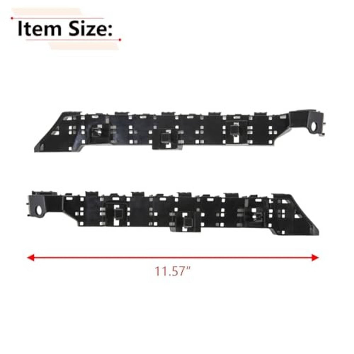Front bumper bracket pair with molded slots; length measurement shown
