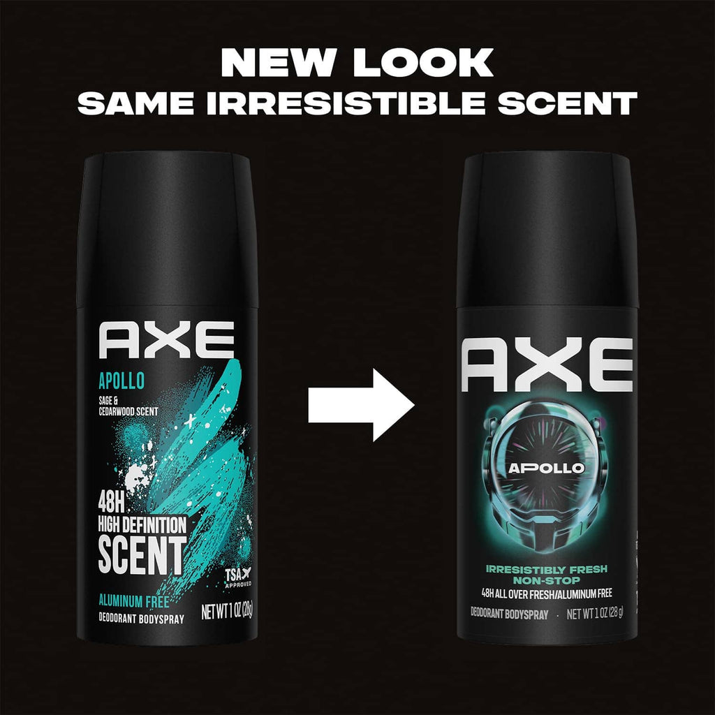 AXE Apollo deodorant body spray can with side-by-side new look comparison graphic
