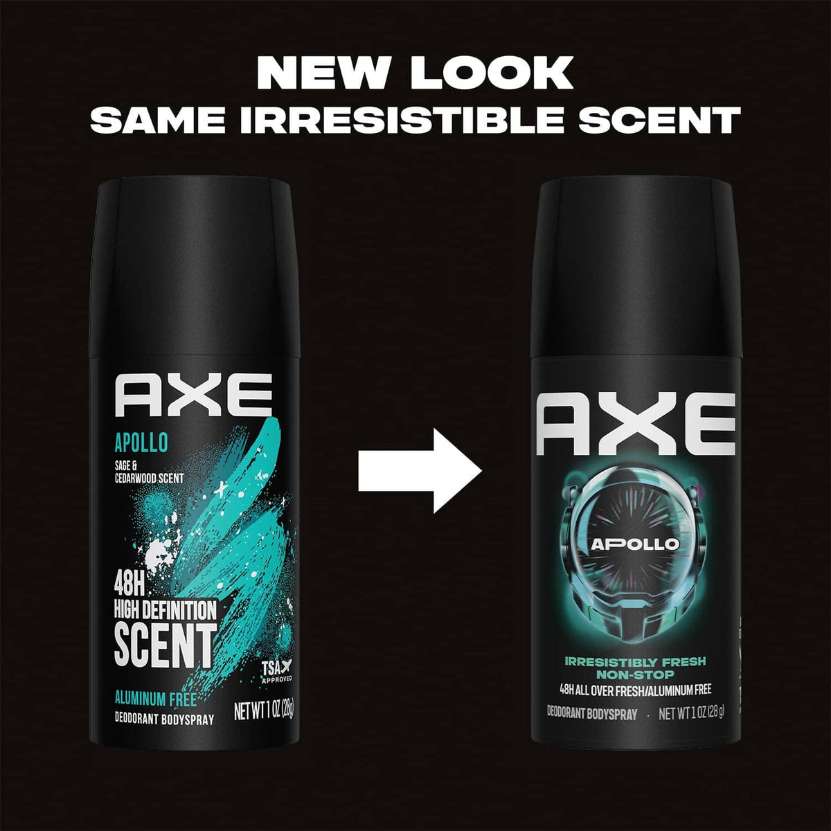 AXE Apollo deodorant body spray can with side-by-side new look comparison graphic