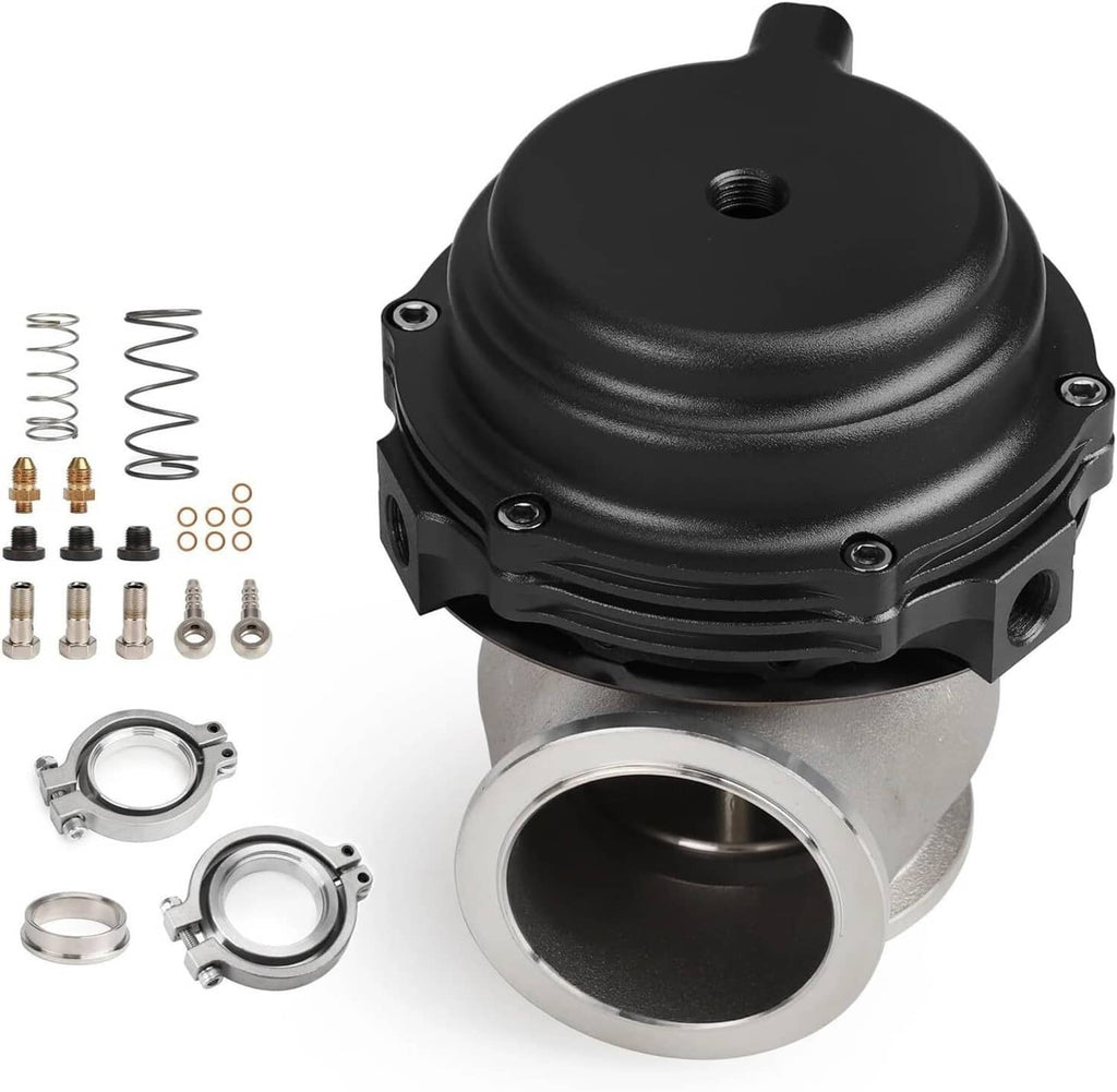 Front view external turbo wastegate with black cap, silver body, and spring components