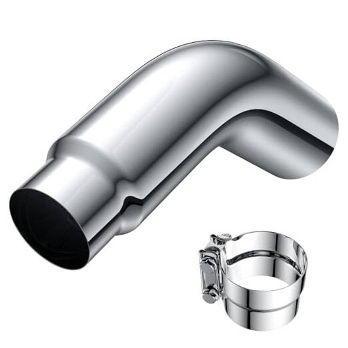 Chrome exhaust elbow tip with clamp, black outlet opening