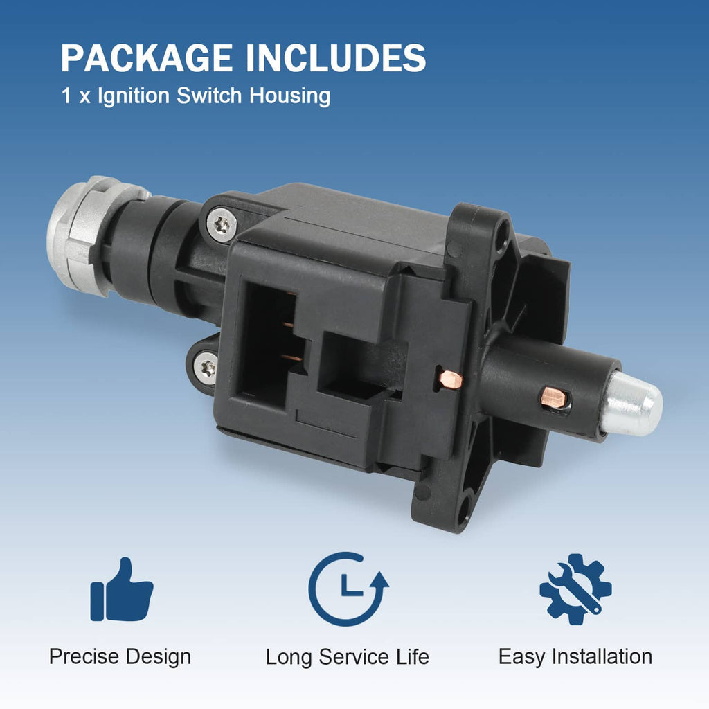 Black ignition switch housing with electrical terminals and silver key cylinder