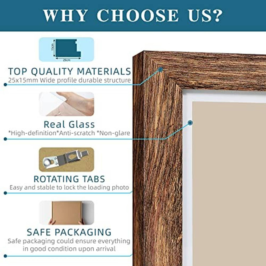 Rustic brown frame with real glass, rotating tabs, and anti-scratch design