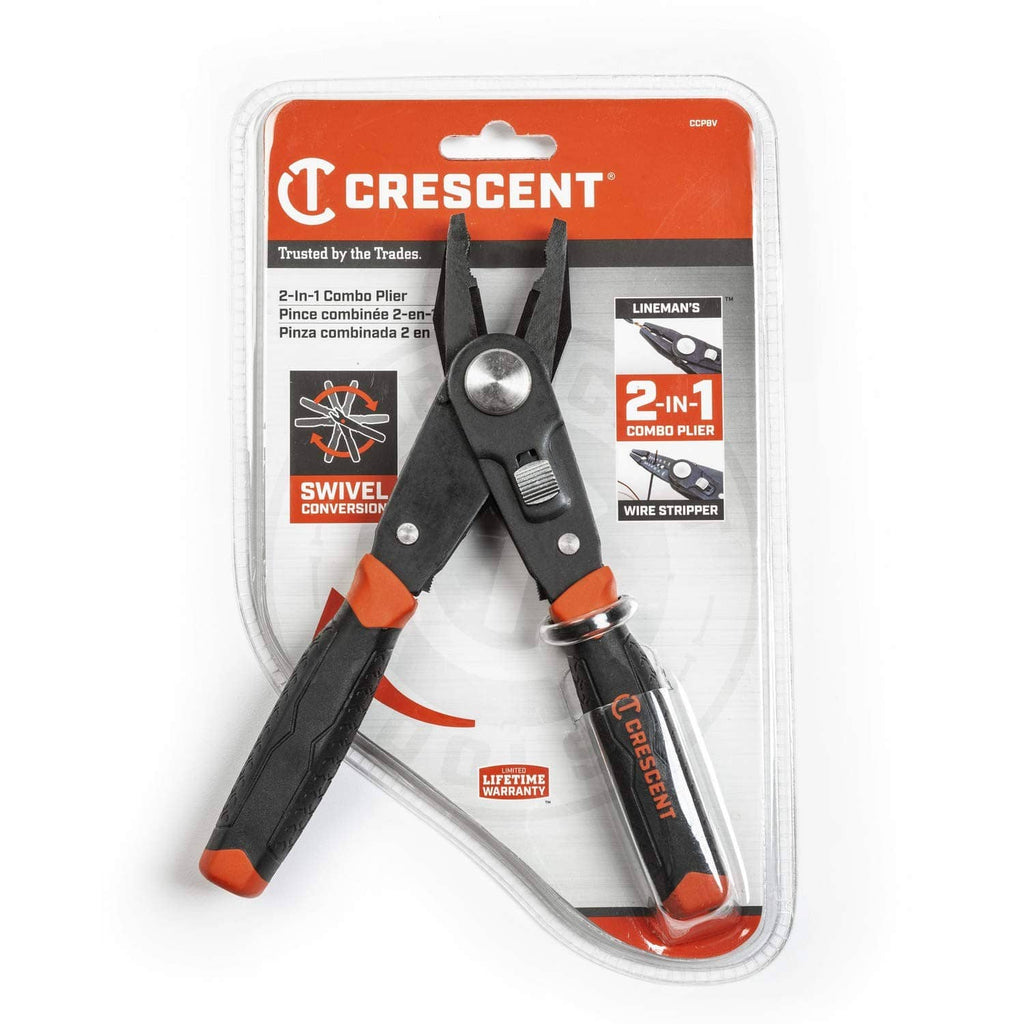 Crescent 2-in-1 combo pliers and wire stripper blister pack; black tool with orange grips.
