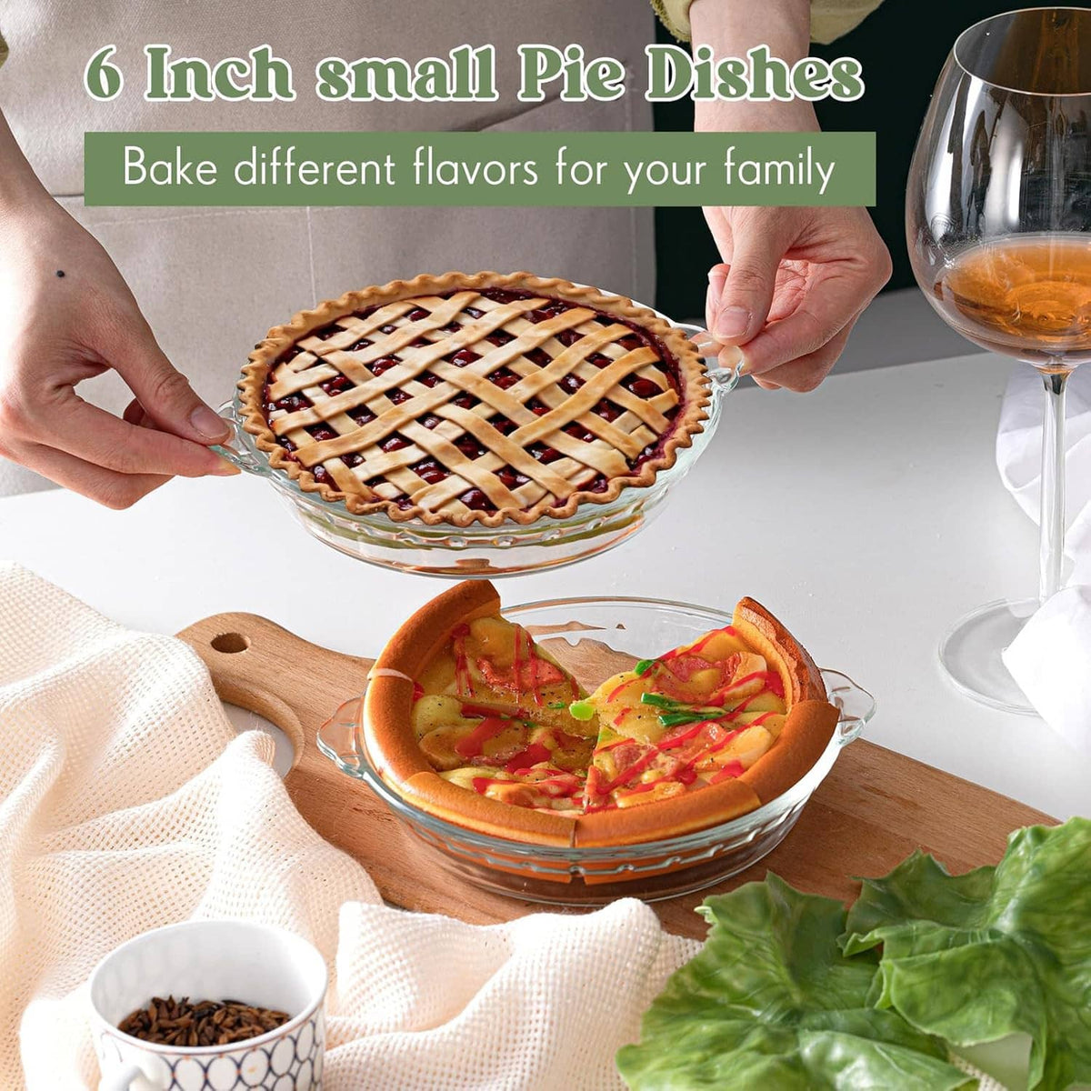 6-inch small glass pie dishes set with a lattice-topped mini pie