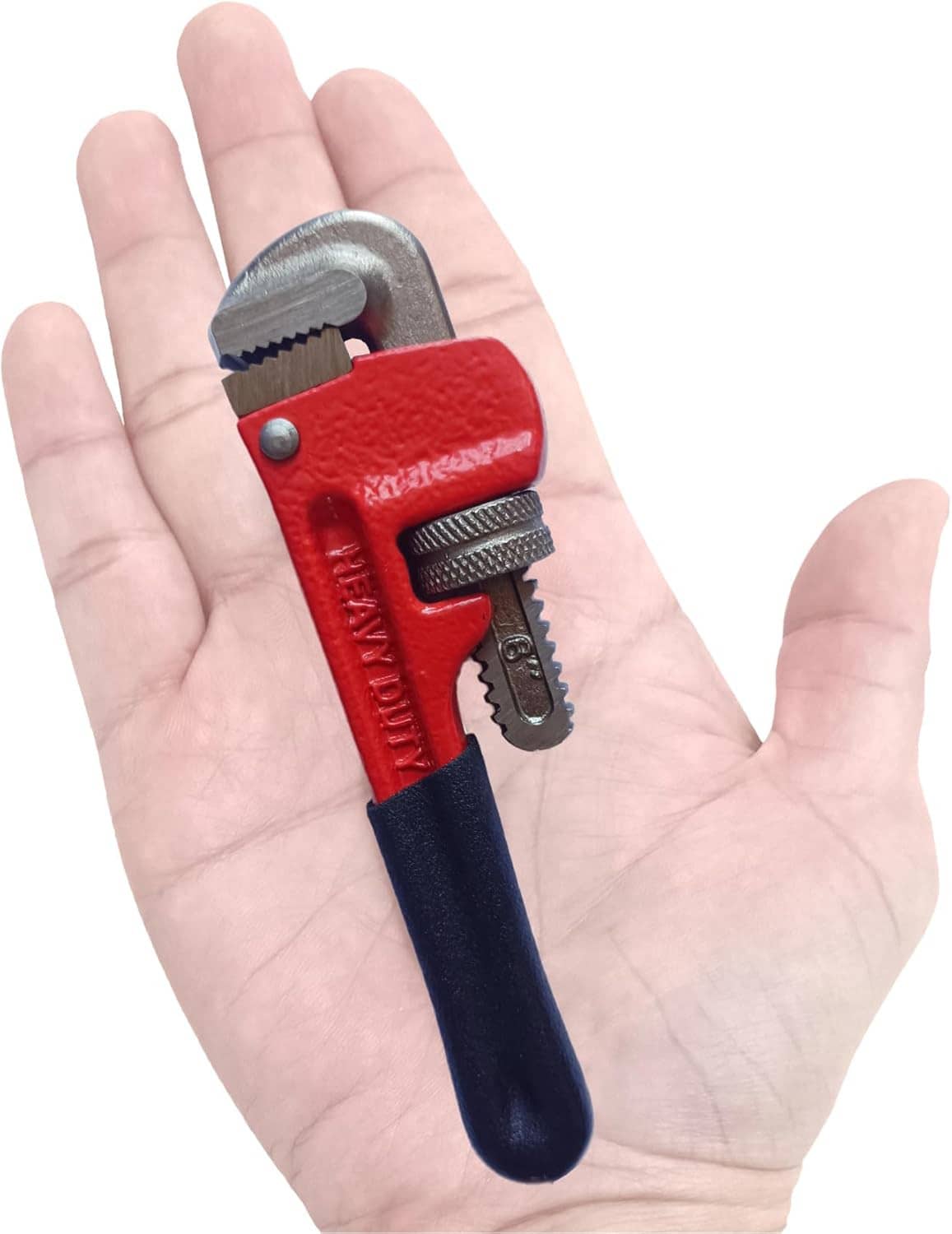 Small adjustable pipe wrench in red and dark blue with serrated gripping jaws