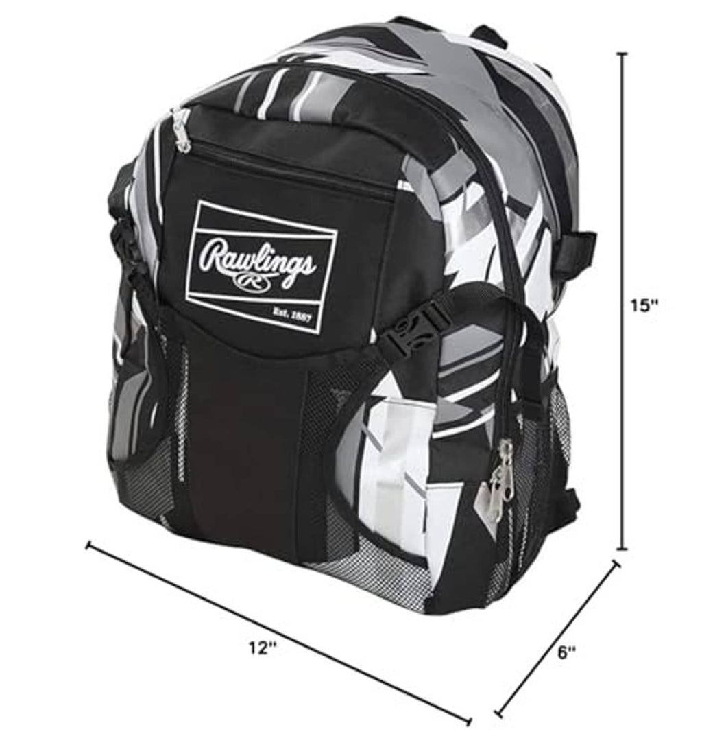 Rawlings remix youth baseball backpack, black and white striped, 15 in tall