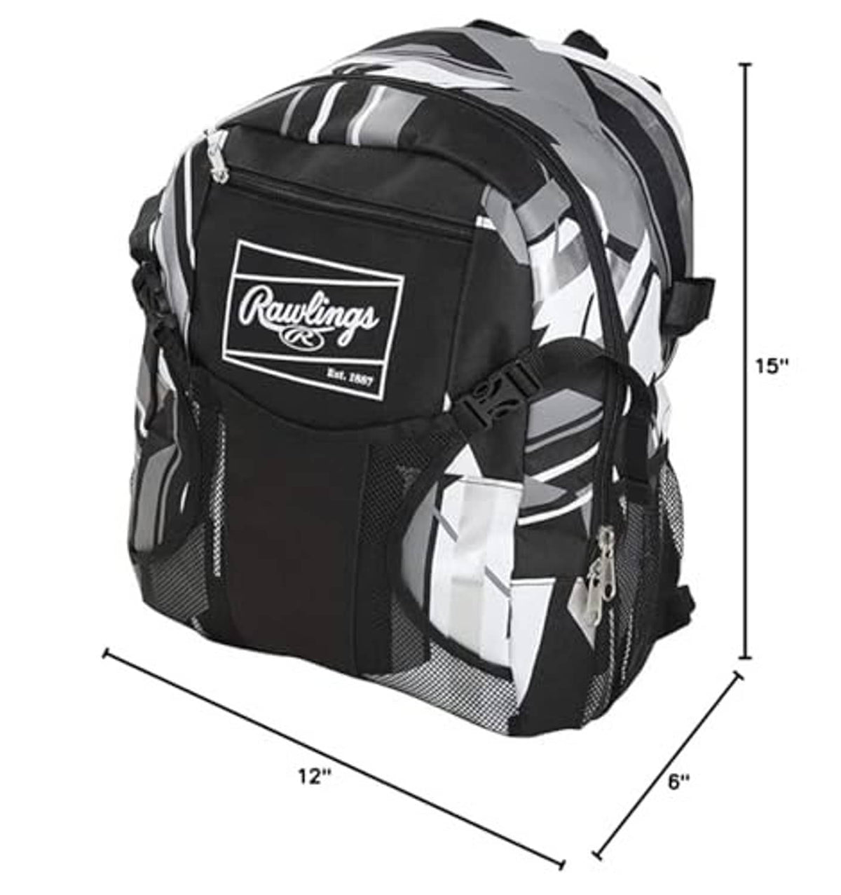 Rawlings remix youth baseball backpack, black and white striped, 15 in tall