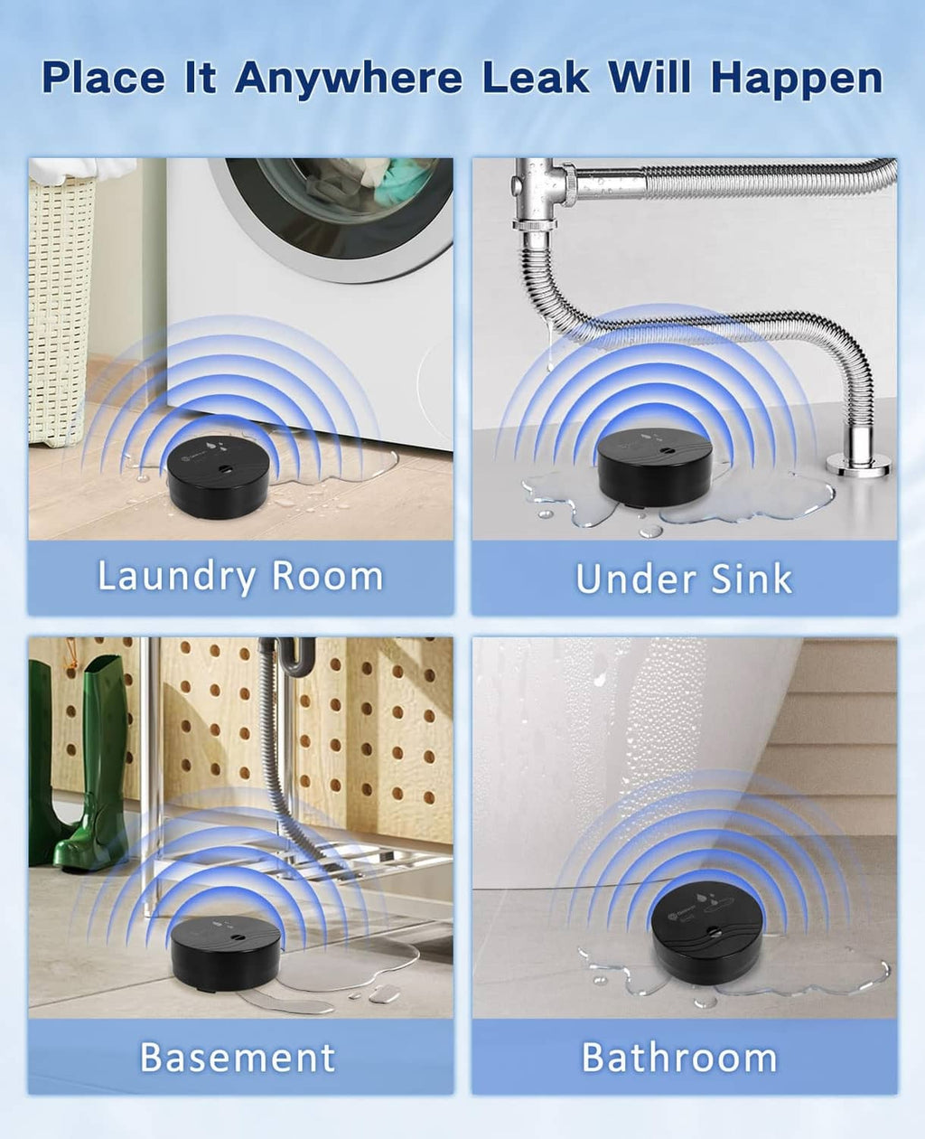 Black circular water leak alarm detector with blue alert sound waves