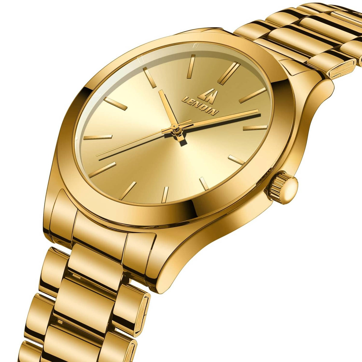 Gold stainless steel men’s wristwatch close-up of dial, crown, and baton hour markers