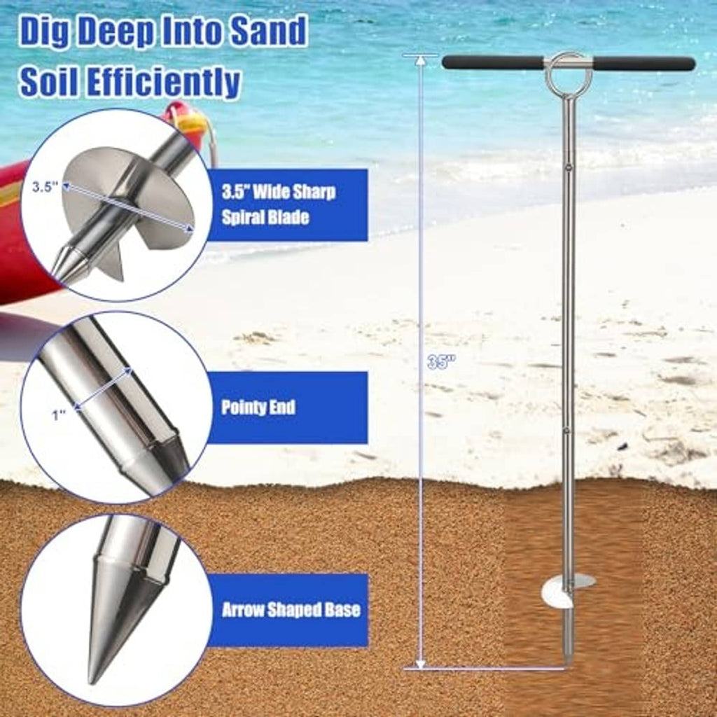 Stainless sand auger anchor with spiral blade and pointed base detail