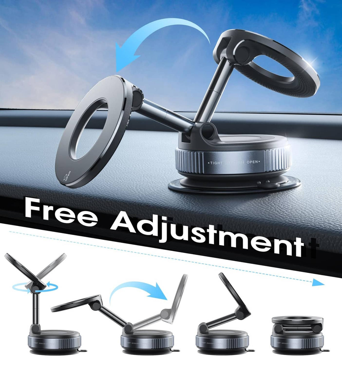 Black magnetic car phone holder with adjustable pivot and wide circular base