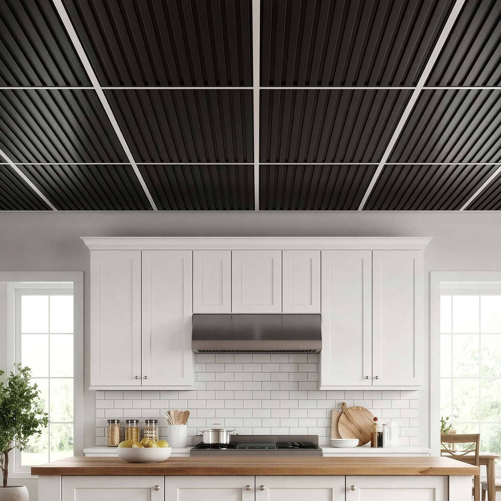 Black linear ridged ceiling tile panels installed across an open kitchen ceiling