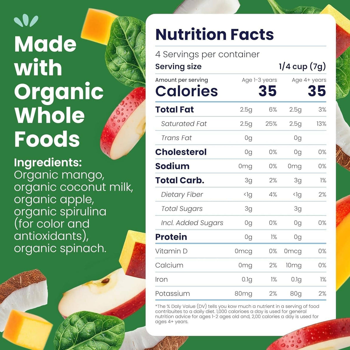 Amara smoothie melts nutrition facts panel with ingredients and 35 calories per 1/4 cup (7g)