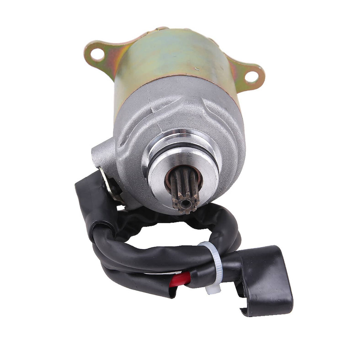 Scooter starter motor front view with silver cover, pinion shaft, black wiring