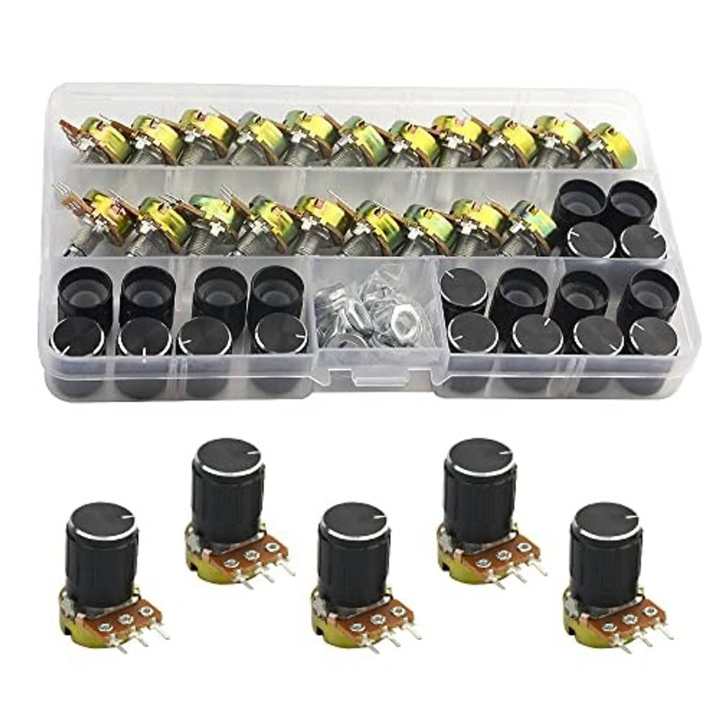 20-pack potentiometer set in clear organizer with black rotary knobs and pin connectors