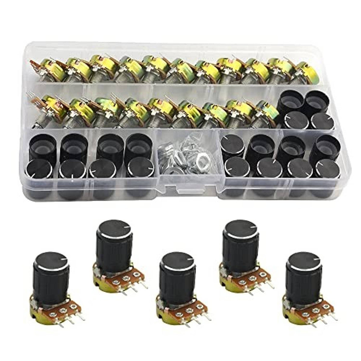 20-pack potentiometer set in clear organizer with black rotary knobs and pin connectors