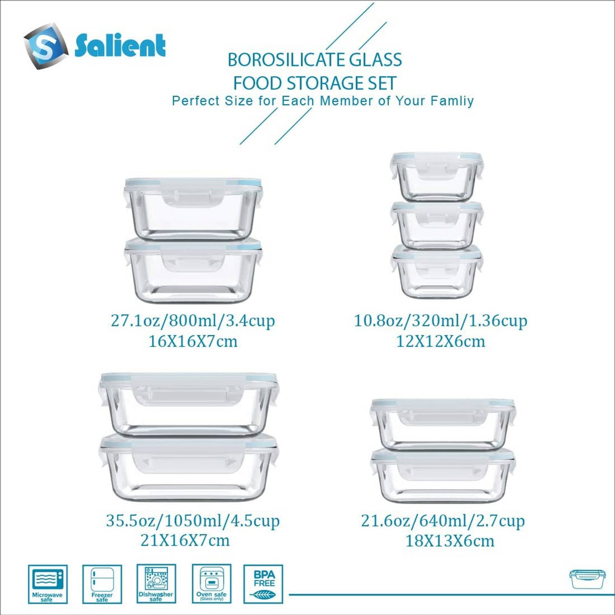 Clear borosilicate glass food storage set with snap lids in multiple sizes