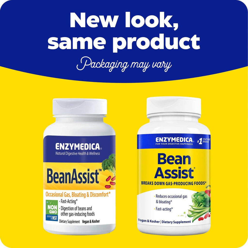 Two Enzymedica Bean Assist supplement bottles shown side by side with updated packaging