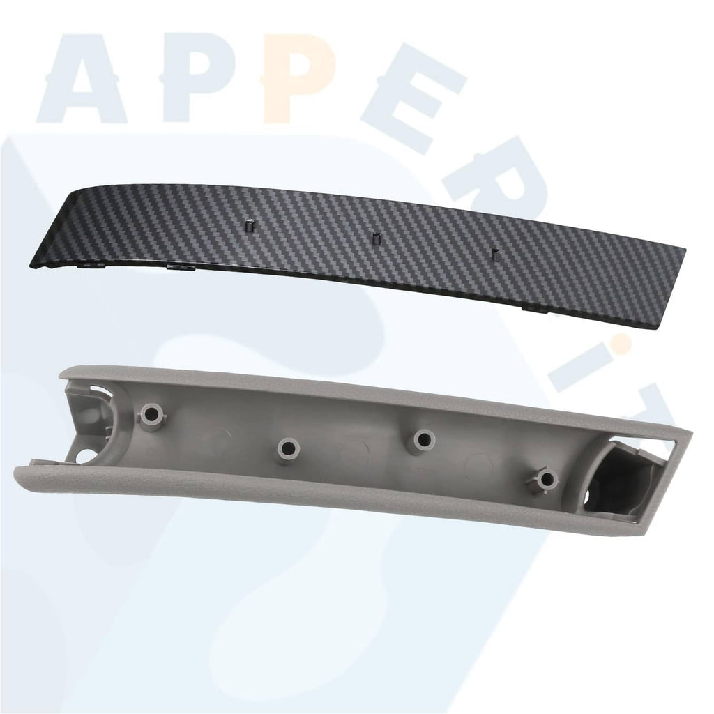 Gray door pull grip with exposed underside mounting points and carbon fiber cover