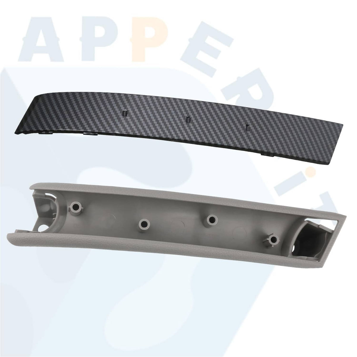 Gray door pull grip with exposed underside mounting points and carbon fiber cover