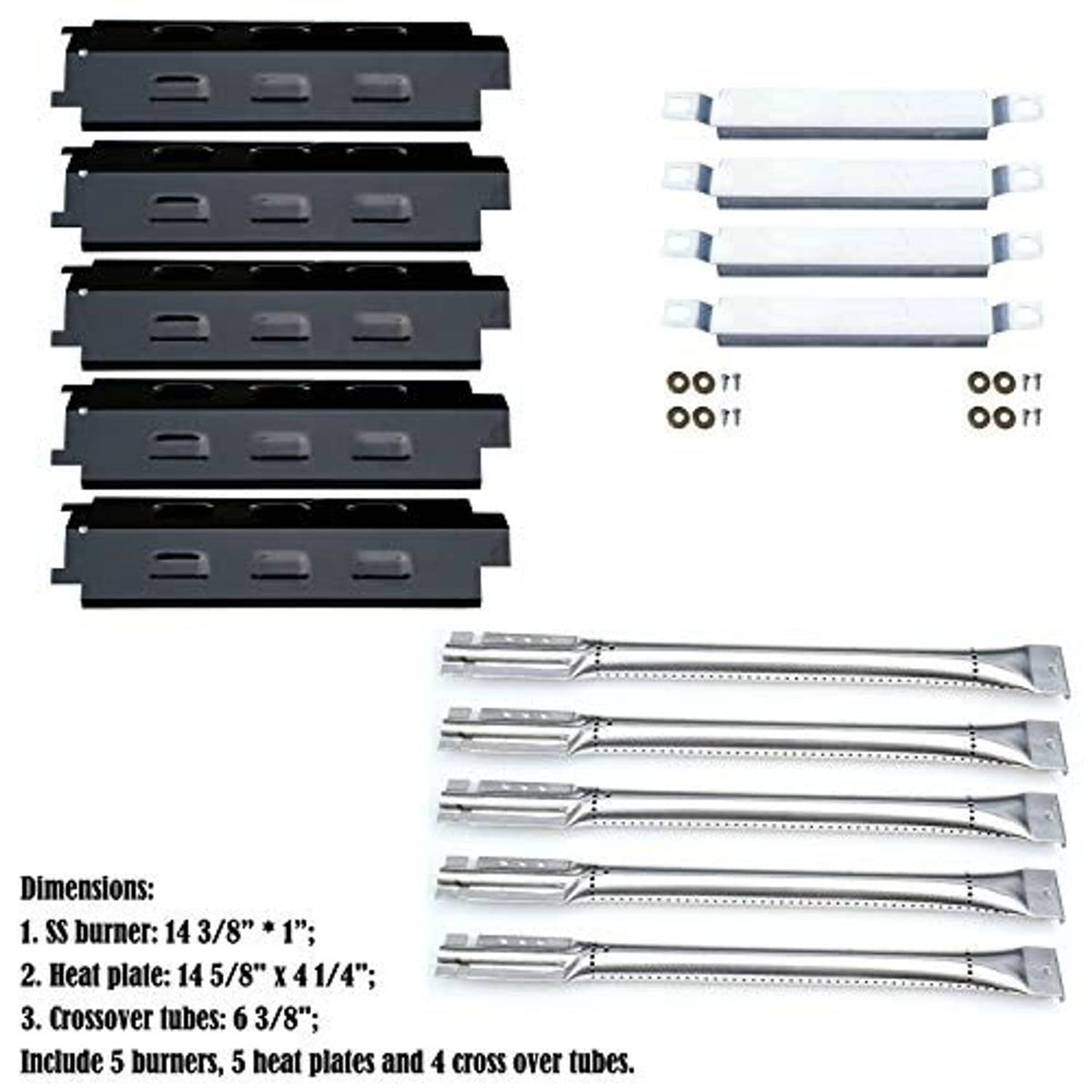 Grill replacement heat plates and crossover tubes, set of burner parts