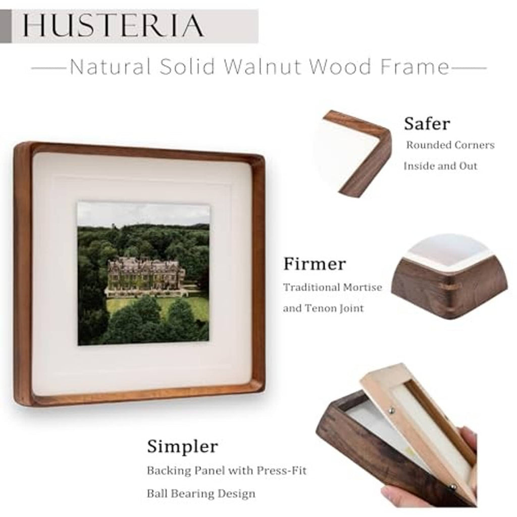 Square walnut wood photo frame with white mat and mounted artwork.