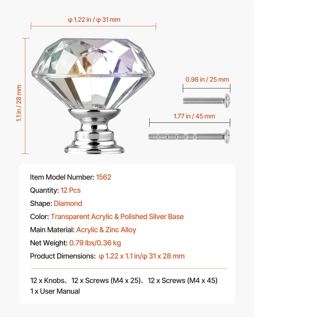 Clear acrylic diamond cabinet knob with chrome base; size and screw measurements shown.
