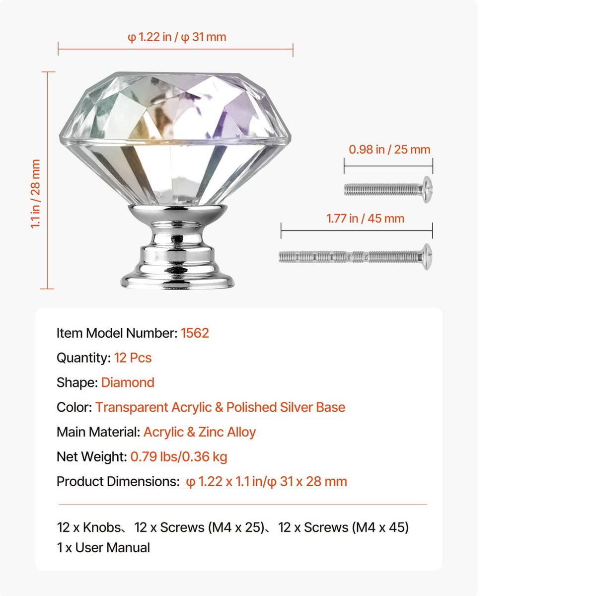 Clear acrylic diamond cabinet knob with chrome base; size and screw measurements shown.
