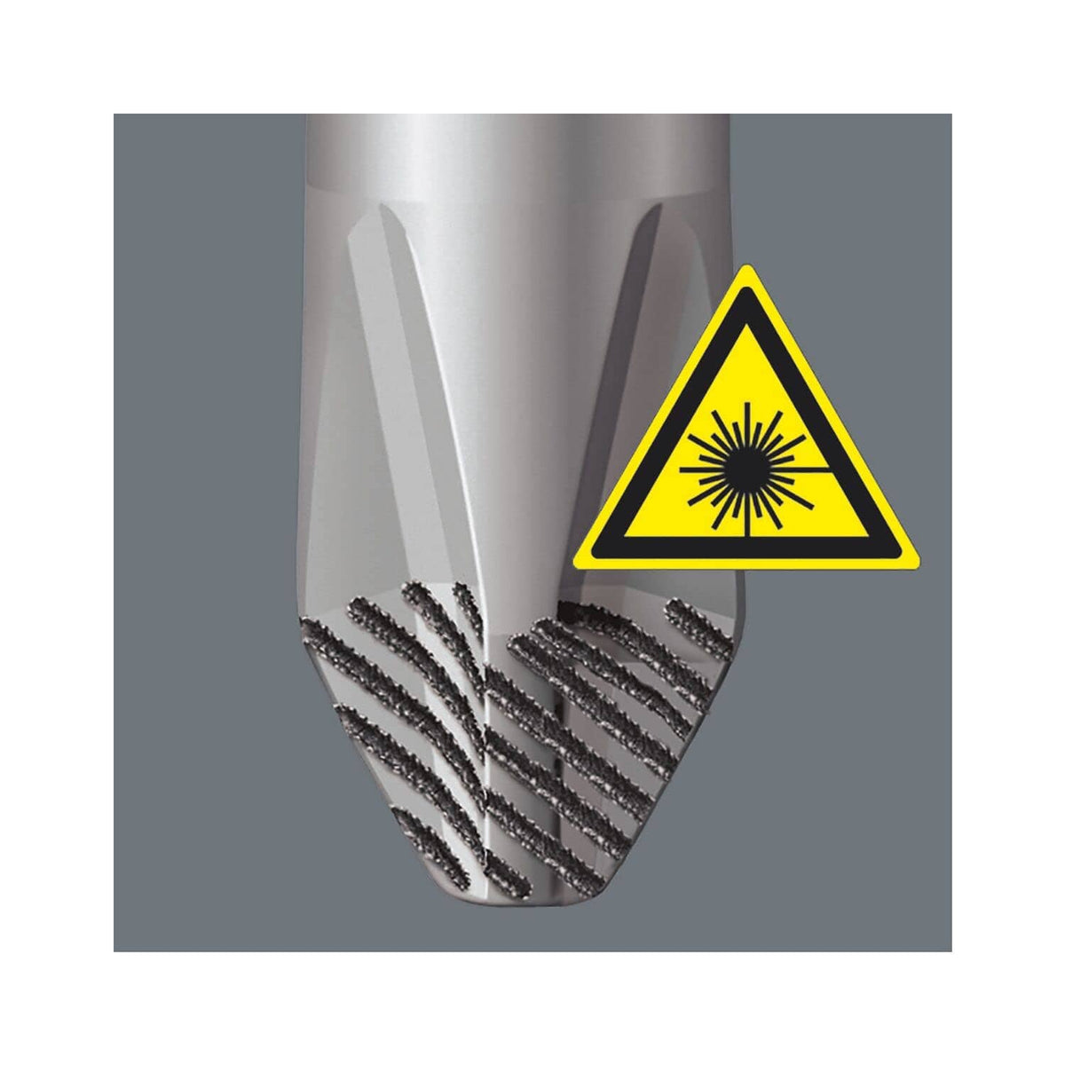 Screwdriver bit with multiple teeth tips and a yellow warning triangle icon