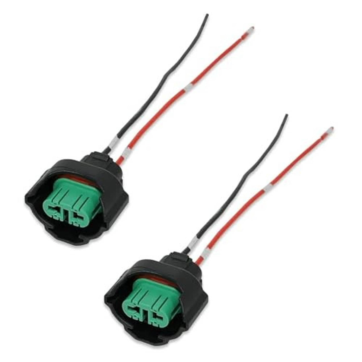Pair of female fog light wiring harness sockets, black housings, green inserts, red/black leads