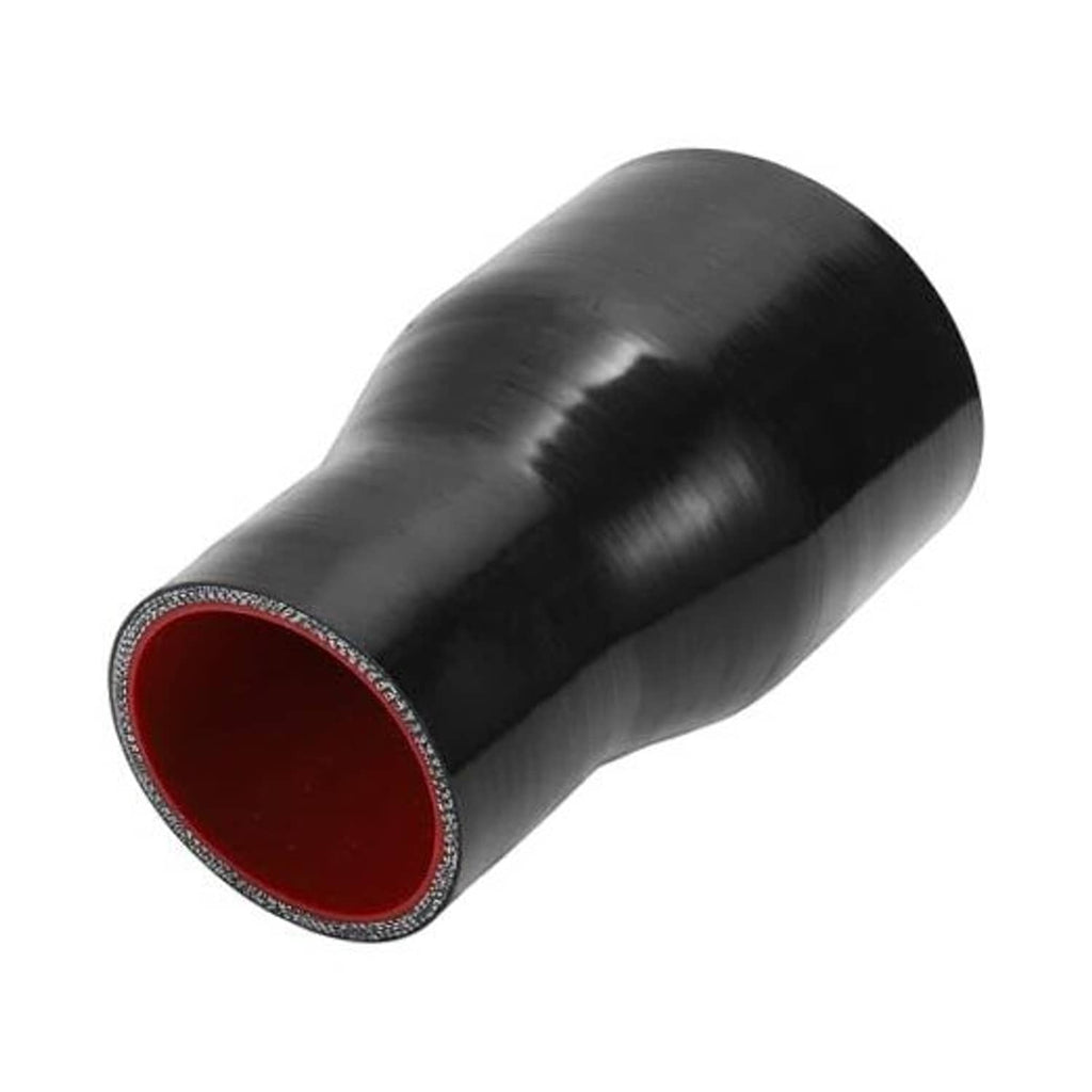 Black silicone hose reducer with red inner lining, 2.5–3 in size