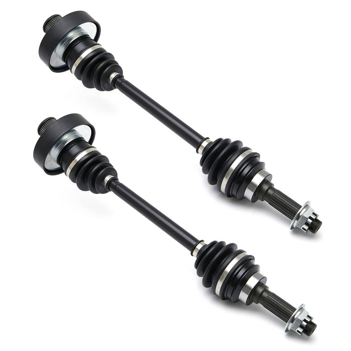 Two-piece CV axle drive shafts with black boots and silver metal connectors