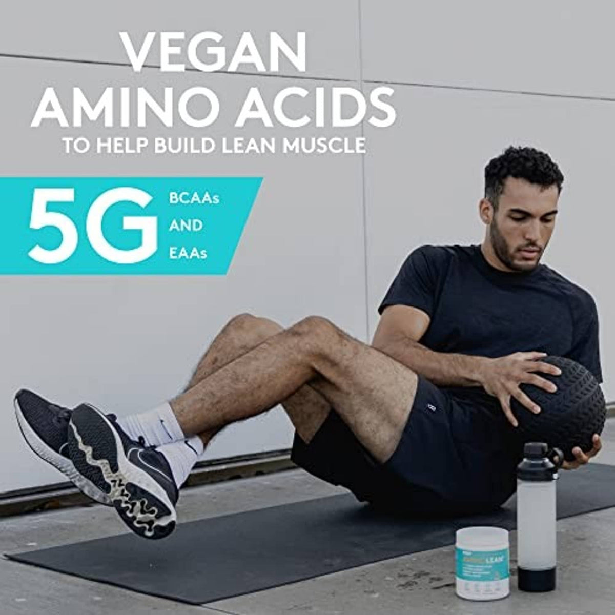 AminoLean vegan amino acids powder jar, '5G BCAAs and EAAs' label